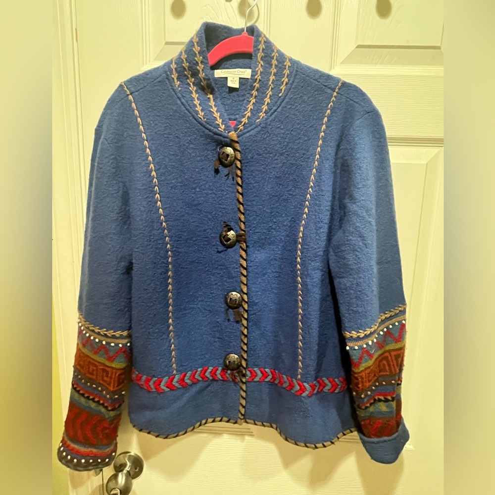 Coldwater Creek Blue Wool Blend Jacket with Multicolor Trim